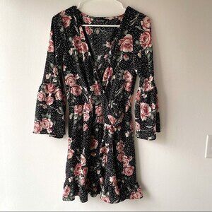 Miss Selfridge Black Floral Faux Wrap Bell Sleeve Mini Dress size 6